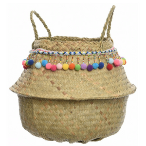Woven Storage Basket With Pompoms 