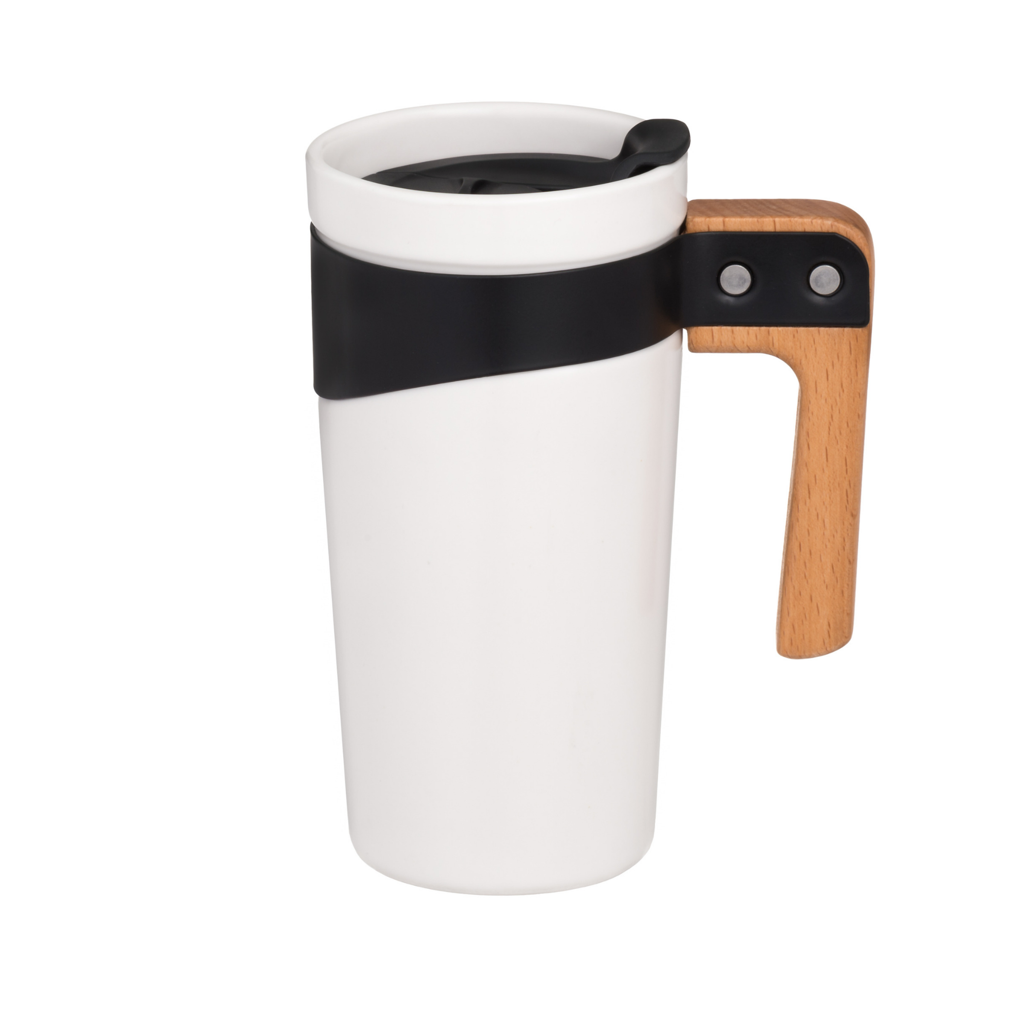White Ceramic Travel Mug with Wooden Handle
