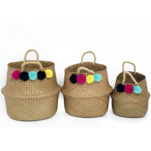 Set of 3 Pompom Belly Baskets 